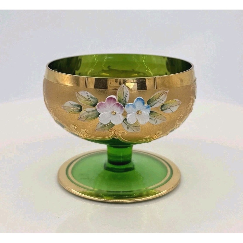 Vintage Murano Tre Fuochi Green Gold Miniature Compote Bowl Hand Painted 3" Tall